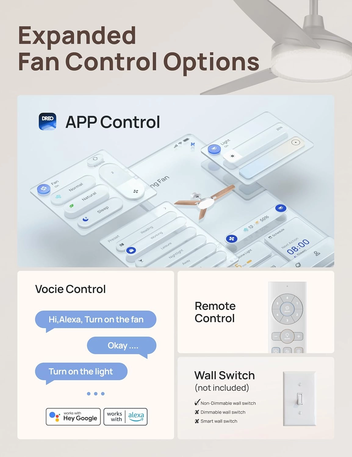Dreo Smart Ceiling Fans with Lights, 42 Inch Grey Ceiling Fan, 12 Speeds & 3 Fan Modes, Stepless Color Tones, Dimmable LED Light, 1-12H Timer, Quiet DC Motor, Remote/APP/Alexa/Wall Switch Control