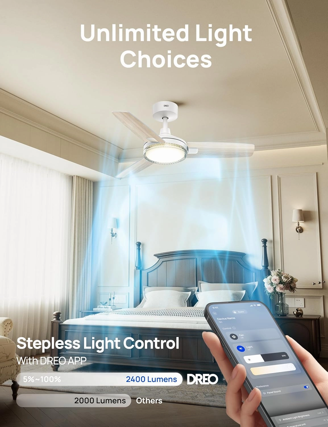 Dreo Smart Ceiling Fans with Lights, 42 Inch White Ceiling Fan, 12 Speeds & 3 Fan Modes, Stepless Color Tones, Dimmable LED Light, 1-12H Timer, Quiet DC Motor, Remote/APP/Alexa/Wall Switch Control