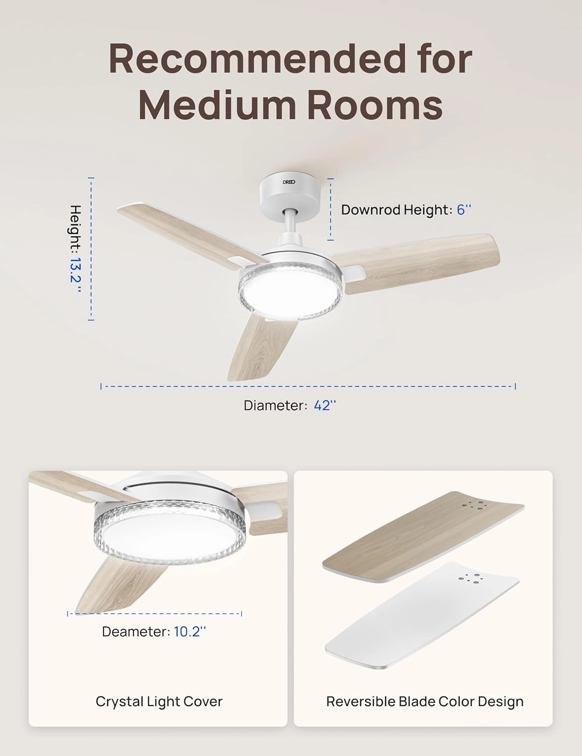 Dreo Smart Ceiling Fans with Lights, 42 Inch White Ceiling Fan, 12 Speeds & 3 Fan Modes, Stepless Color Tones, Dimmable LED Light, 1-12H Timer, Quiet DC Motor, Remote/APP/Alexa/Wall Switch Control