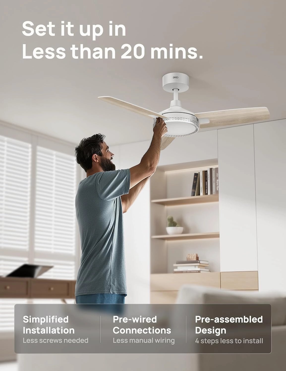 Dreo Smart Ceiling Fans with Lights, 42 Inch White Ceiling Fan, 12 Speeds & 3 Fan Modes, Stepless Color Tones, Dimmable LED Light, 1-12H Timer, Quiet DC Motor, Remote/APP/Alexa/Wall Switch Control