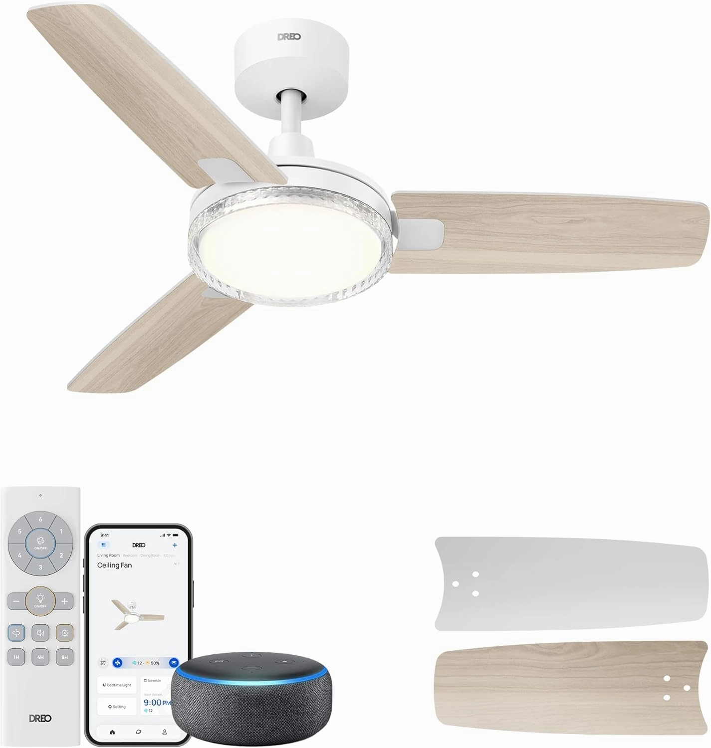 Dreo Smart Ceiling Fans with Lights, 42 Inch White Ceiling Fan, 12 Speeds & 3 Fan Modes, Stepless Color Tones, Dimmable LED Light, 1-12H Timer, Quiet DC Motor, Remote/APP/Alexa/Wall Switch Control App-controlled remote fan for convenience
