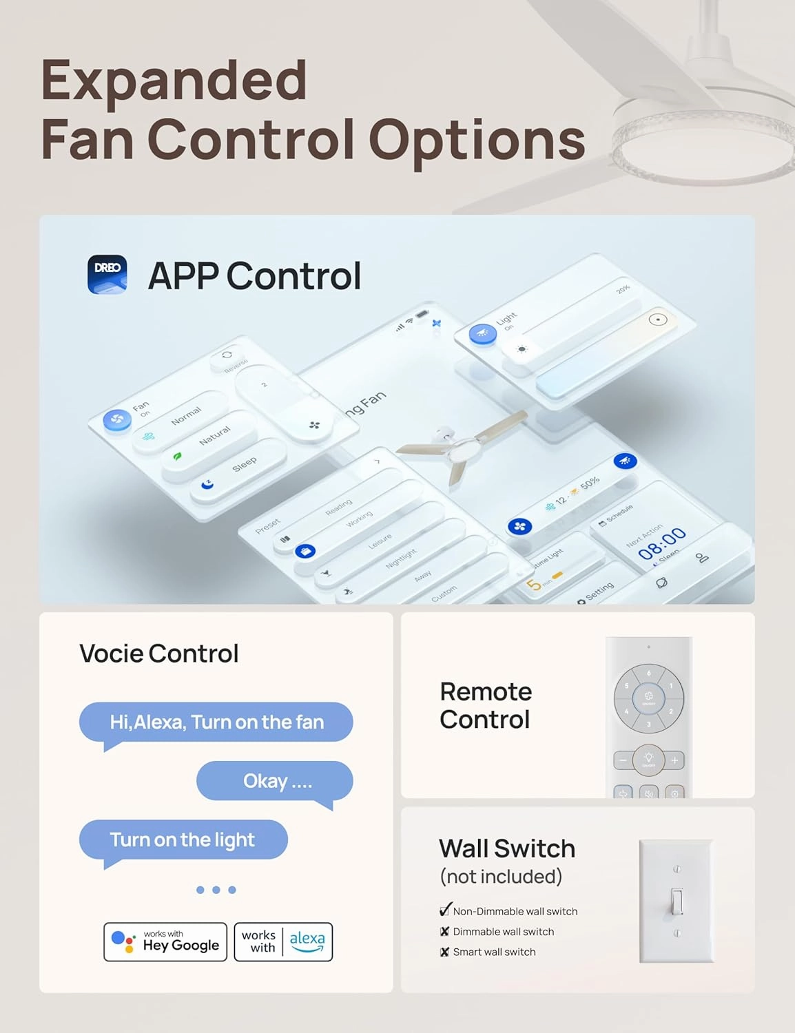 Dreo Smart Ceiling Fans with Lights, 42 Inch White Ceiling Fan, 12 Speeds & 3 Fan Modes, Stepless Color Tones, Dimmable LED Light, 1-12H Timer, Quiet DC Motor, Remote/APP/Alexa/Wall Switch Control