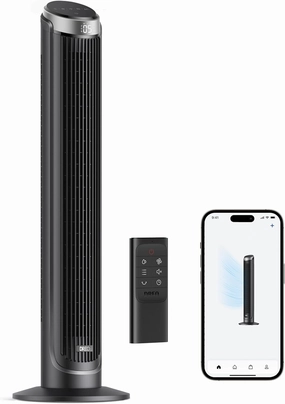 Dreo Smart Tower Fans for Bedroom, 90 Oscillating Fans for indoors, 5 Speeds 4 Modes Max 26ft/s, 12H Timer, LED with Touch, Remote Control, 40" Quiet Bladeless Standing Floor Fan for Home Office Desktop fan with humidification feature