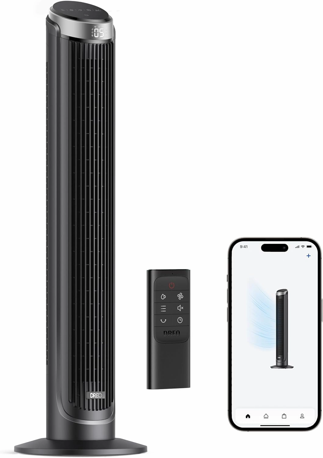 Dreo Smart Tower Fans for Bedroom, 90 Oscillating Fans for indoors, 5 Speeds 4 Modes Max 26ft/s, 12H Timer, LED with Touch, Remote Control, 40" Quiet Bladeless Standing Floor Fan for Home Office Desktop fan with humidification feature
