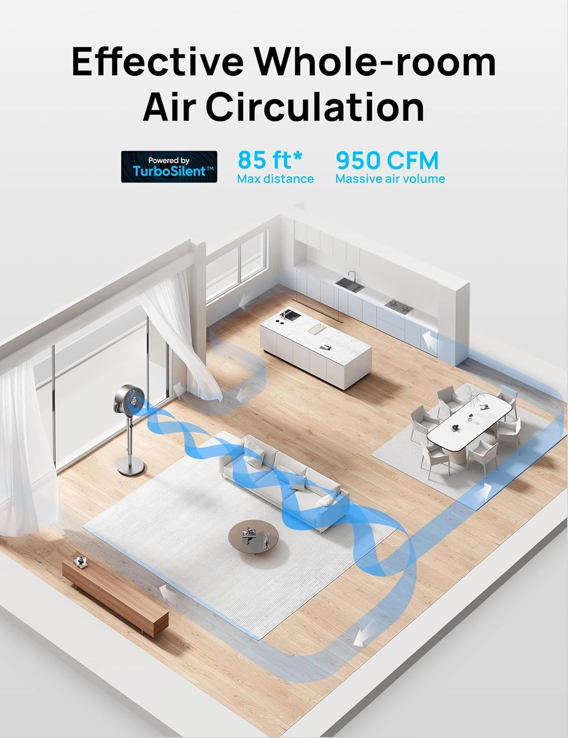 Dreo Standing Fan, 120 120 Smart Oscillating Floor Fans with Wi-Fi/Voice Control, 85 ft Fan For Bedroom, DC Motor Quiet Fans, Adjustable Height, 8 Speeds, 6 Modes, 12H Timer, Office, Room