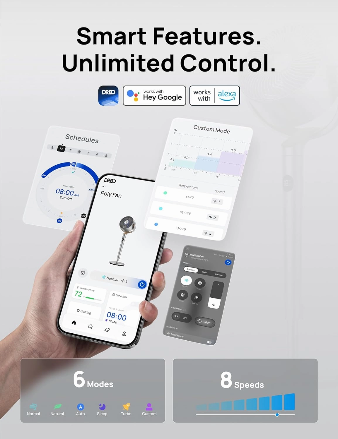 Dreo Standing Fan, 120 120 Smart Oscillating Floor Fans with Wi-Fi/Voice Control, 85 ft Fan For Bedroom, DC Motor Quiet Fans, Adjustable Height, 8 Speeds, 6 Modes, 12H Timer, Office, Room