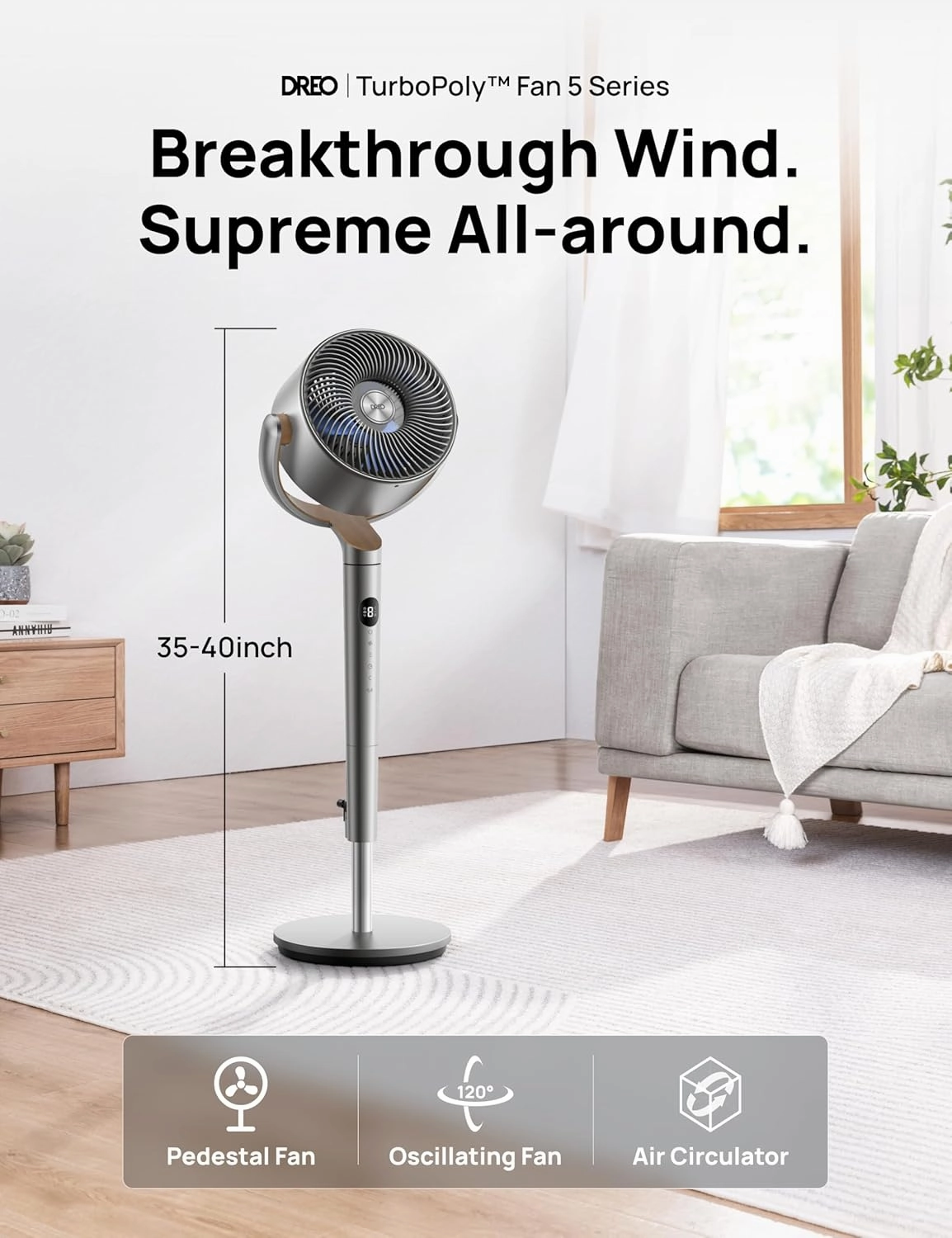 Dreo Standing Fan, 120 120Omni-directional Oscillating Fan For Bedroom, 85 ft Circulator With Remote, DC Motor Quiet Pedestal Fans, Adjustable Height, 8 Speeds, 3 Modes, 8H Timer, Home, PolyFan 502