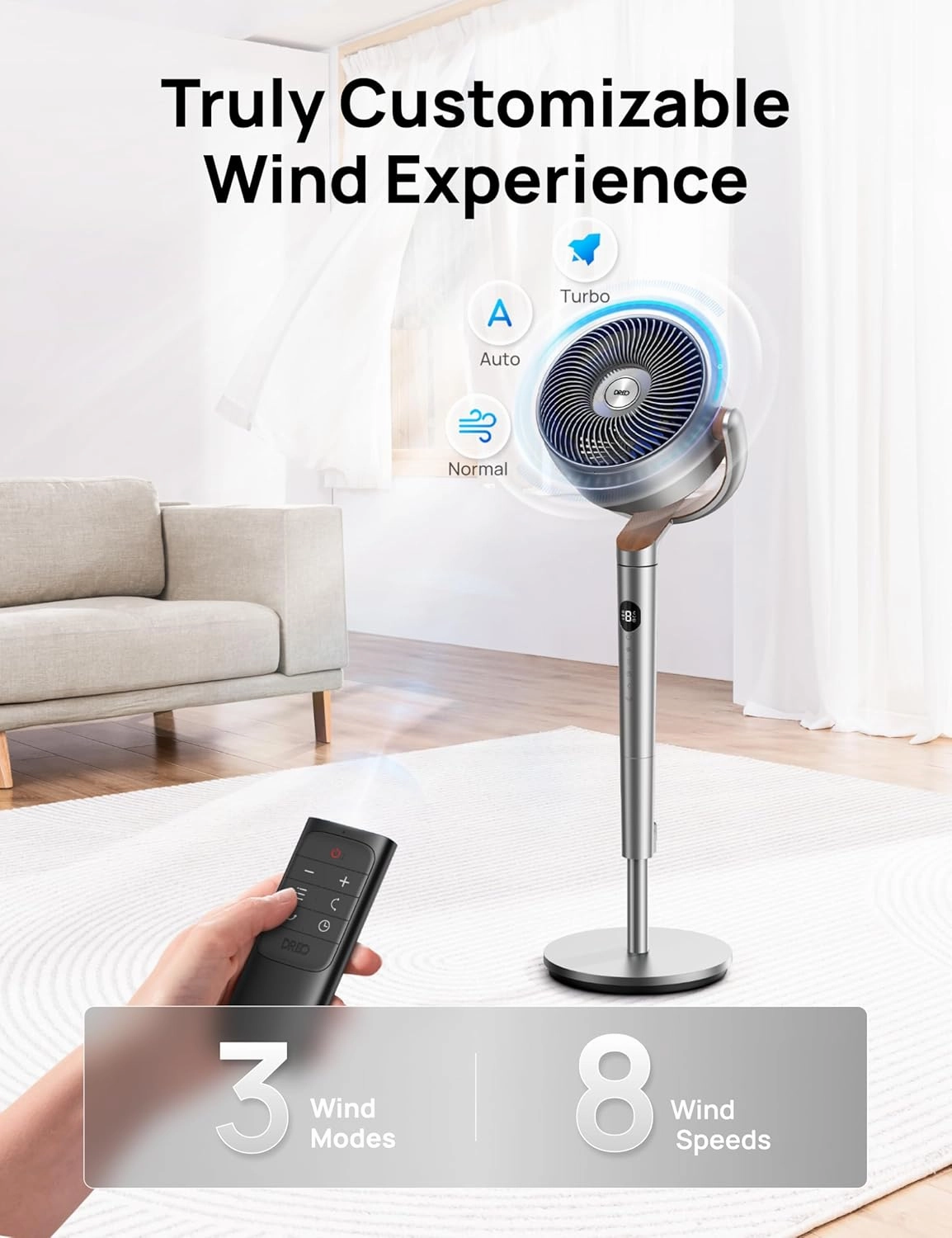 Dreo Standing Fan, 120 120Omni-directional Oscillating Fan For Bedroom, 85 ft Circulator With Remote, DC Motor Quiet Pedestal Fans, Adjustable Height, 8 Speeds, 3 Modes, 8H Timer, Home, PolyFan 502