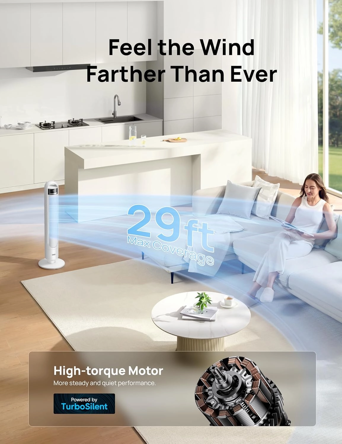Dreo Tower Fan for Bedroom, 90 Oscillating Fan, Standing Fan with 3 Modes, 4 Speeds, 8H Timer Cooling Fans for Home, Living Room, Office, White, TF117
