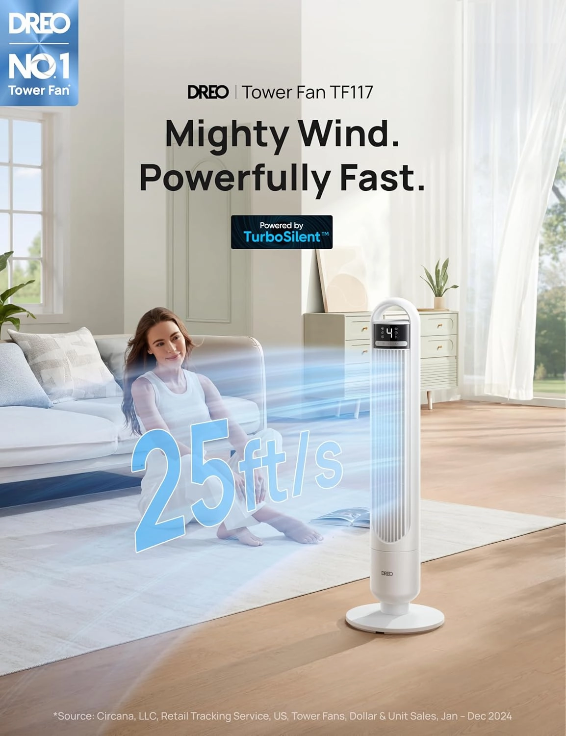 Dreo Tower Fan for Bedroom, 90 Oscillating Fan, Standing Fan with 3 Modes, 4 Speeds, 8H Timer Cooling Fans for Home, Living Room, Office, White, TF117
