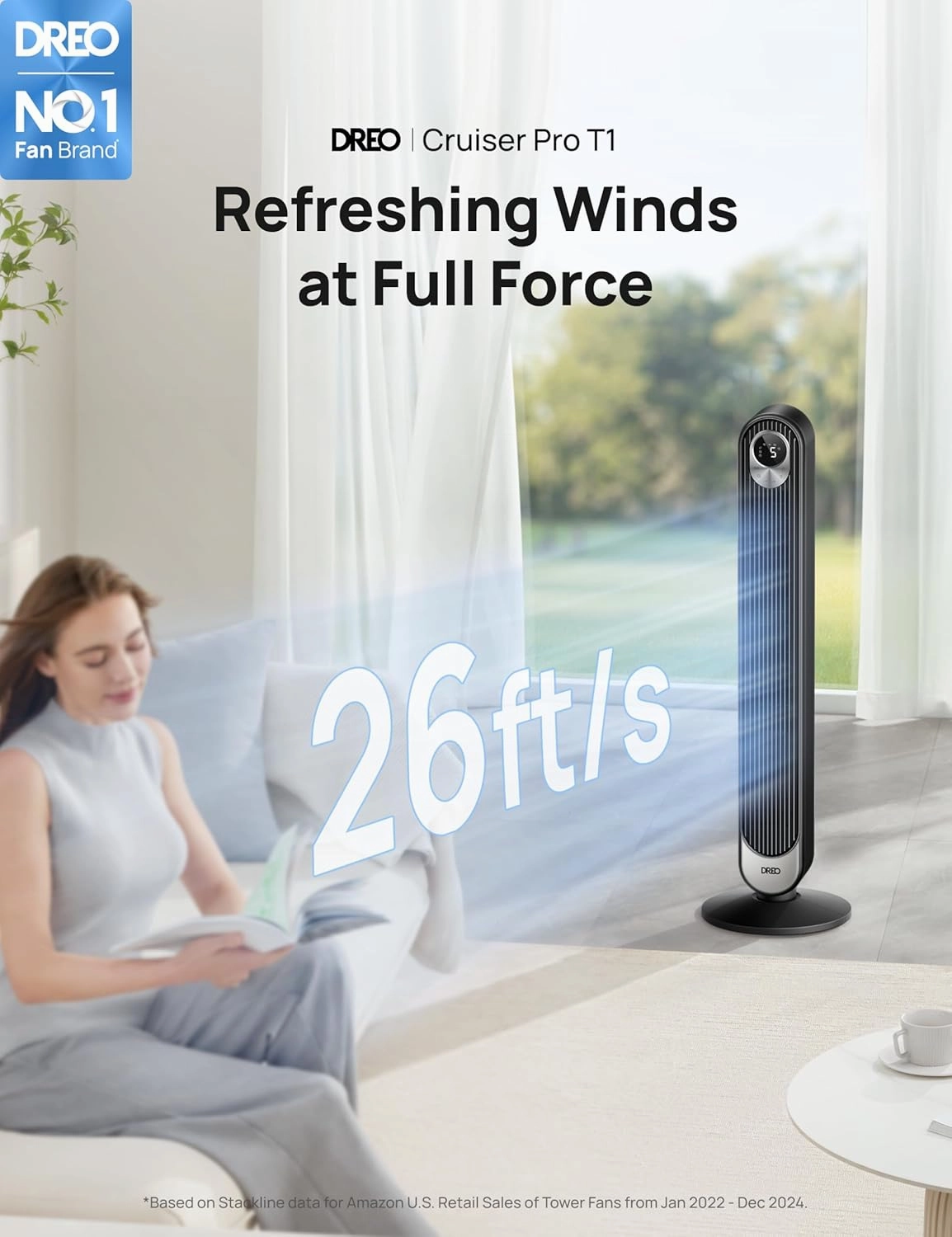 Dreo Tower Fan for Bedroom, 90 Oscillating Standing Fan, 30ft far, 28dB Quiet for Sleep, 6 Speeds, 4 Modes, 12H Timer, 42 Inch, Bladeless, Remote, for Home, Office, Room, Cruiser Pro T1