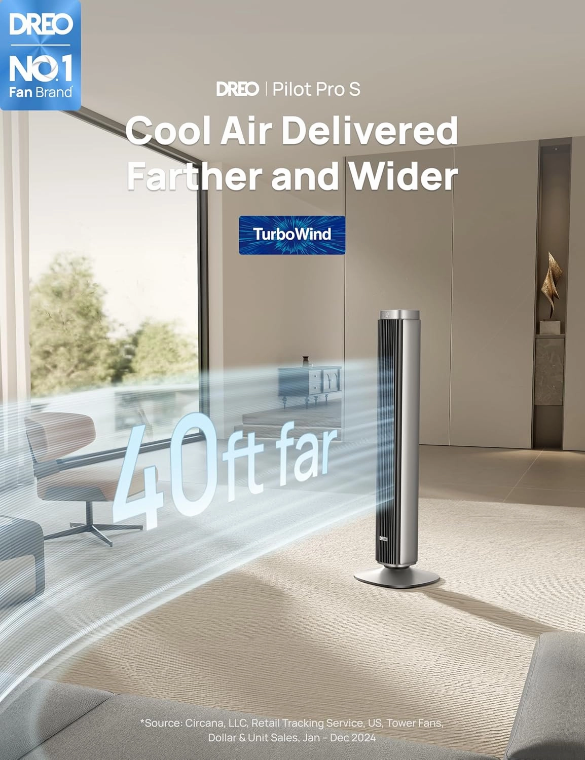Dreo Tower Fan for Bedroom, 90 Oscillating Standing Fan with 40ft Far Airflow, 25dB Ultra Quiet DC Motor, 28ft/s Velocity, 12 Speeds, 42 inch, Smart Control, 4 Modes, 12H Timer, Pilot Pro S