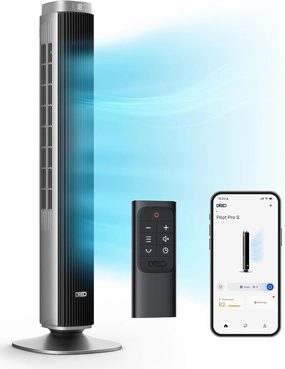 Dreo Tower Fan for Bedroom, 90 Oscillating Standing Fan with 40ft Far Airflow, 25dB Ultra Quiet DC Motor, 28ft/s Velocity, 12 Speeds, 42 inch, Smart Control, 4 Modes, 12H Timer, Pilot Pro S Small bladeless fan for quiet cooling