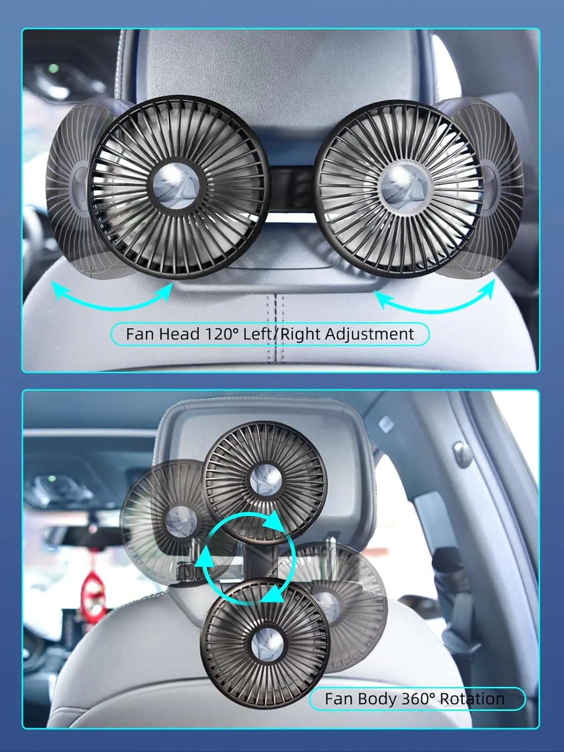 Dual Head Car Fan for Back Seat,Usb Powered 3 Speeds 360 Rotatable Car Seat Headrest Cooling Fan for Kids,Car BackSeat Cooler Vent Fans 12v 24volt that Blow Cold Air For Suv Rv Truck Sedan