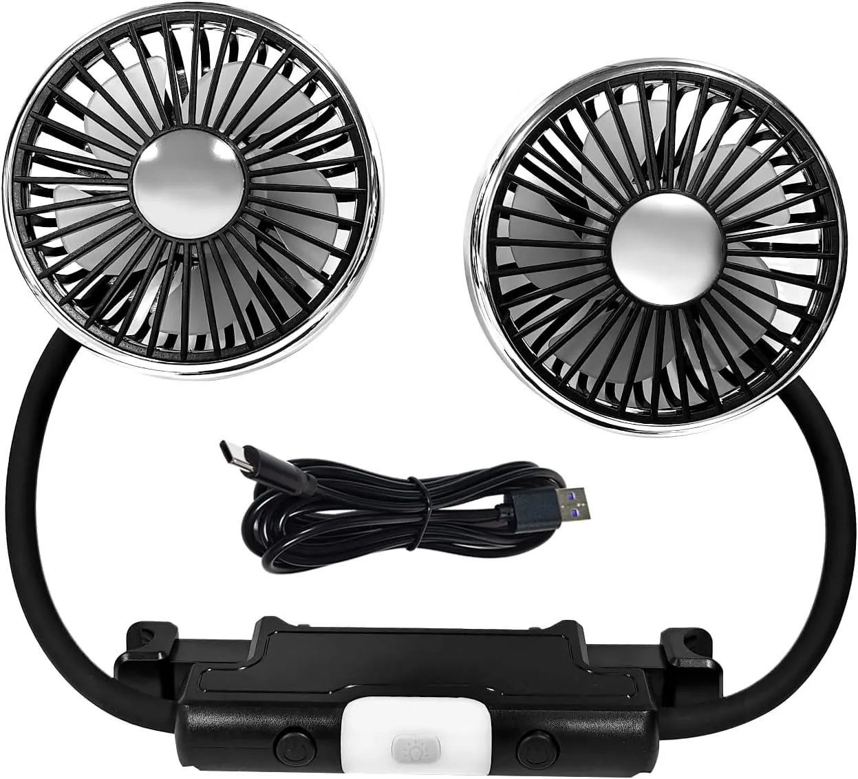 Dual Head Car Fan USB Powered, 3 Speed Adjustable 360 Rotatable Cooling Air Fan with 2 LED Lights for Dashboard SUV RV Truck Sedan Home Office, Portable Rear Seat Fans for Kids Rear-mounted fan for childrens safety