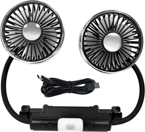 Dual Head Car Fan USB Powered, 3 Speed Adjustable 360 Rotatable Cooling Air Fan with 2 LED Lights for Dashboard SUV RV Truck Sedan Home Office, Portable Rear Seat Fans for Kids Rear-mounted fan for childrens safety