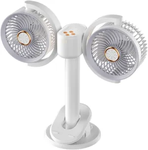 Dual-Head Small Desk Fan with 360 Rotation & Ambient Night Light,2400mAh Rechargeable Fan,Portable USB Desktop Fan with Multiple Placement Modes: Clip-On/Stand-Up/Wall-Mountable 360-degree rotating fan for home use