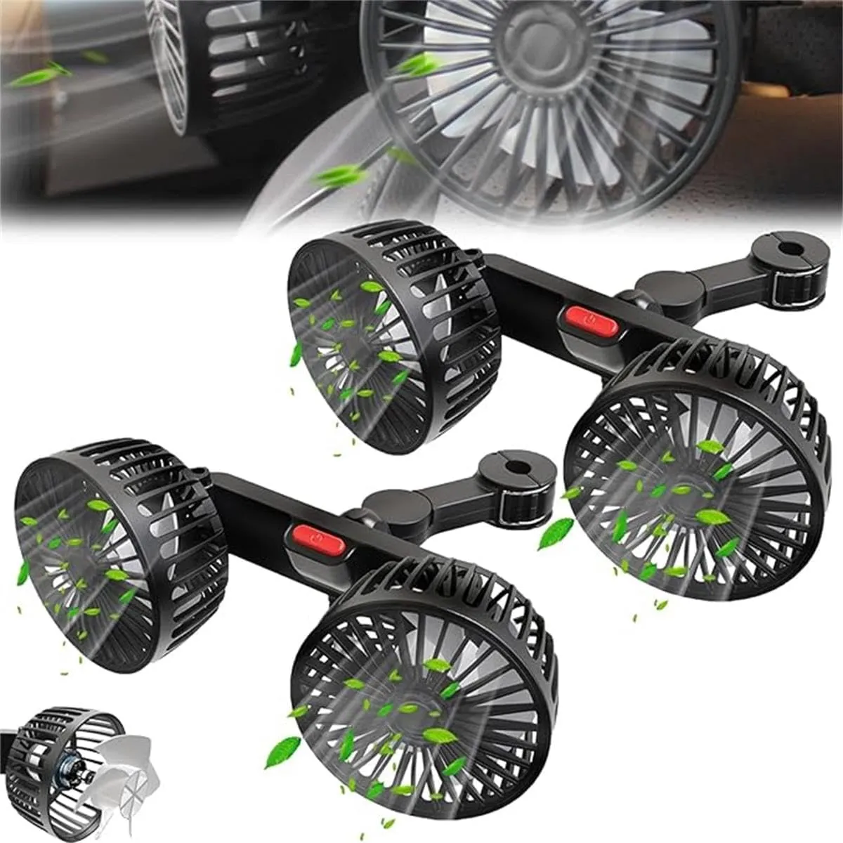 Dual Head USB Car Fan for Backseat Kids/Baby,360 Rotatable 3 Speeds Strong Wind with Adjustable Clip, Air Circulation Cooler for SUV Truck Van RV Rear-mounted fan for childrens safety