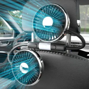 Dual-Headed USB Car Fan for Backseat, Rear Seat Fans for Kids, Independently Controlled Heads with LED Lights, 3 Speeds Headrest Auto Cooler, 360 Rotatable Cooling Air Conditioner Rear-mounted fan for childrens safety