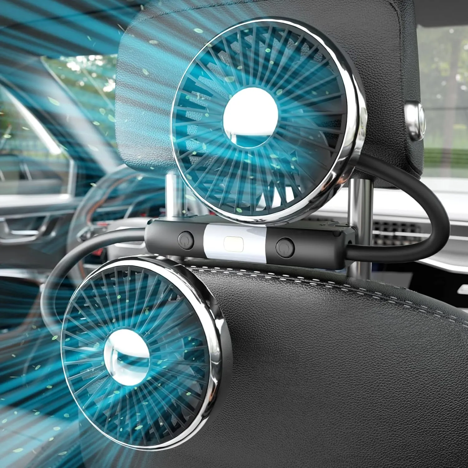 Dual-Headed USB Car Fan for Backseat, Rear Seat Fans for Kids, Independently Controlled Heads with LED Lights, 3 Speeds Headrest Auto Cooler, 360 Rotatable Cooling Air Conditioner Rear-mounted fan for childrens safety