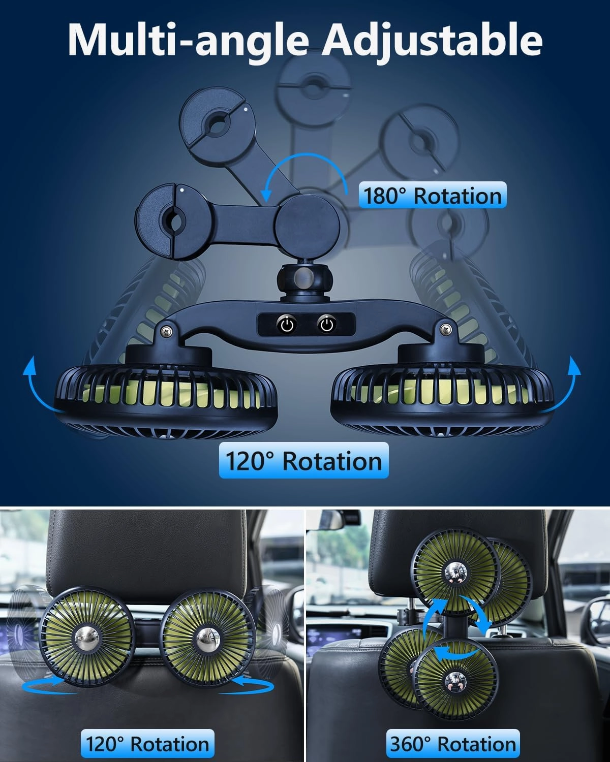 Dual Head Car Cooling Fan for Back Seat, Battery Powered Rechargeable Usb Car Seat Headrest Fan for Baby Dog Rear Facing, 12V Car Accessories Cooler That Blow Cold Air for Sedan Suv Rv Truck