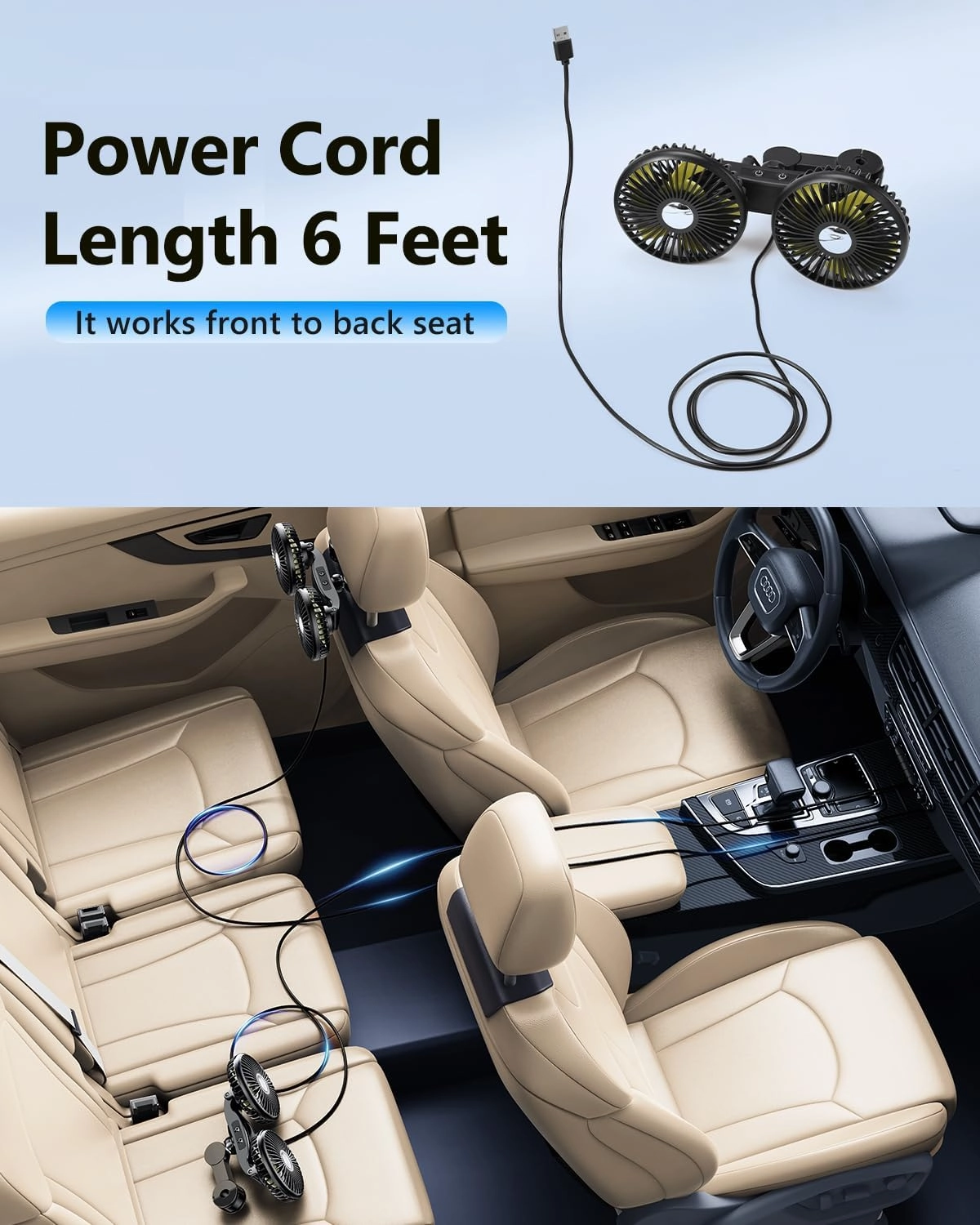 Dual Head Car Cooling Fan for Back Seat, Battery Powered Rechargeable Usb Car Seat Headrest Fan for Baby Dog Rear Facing, 12V Car Accessories Cooler That Blow Cold Air for Sedan Suv Rv Truck