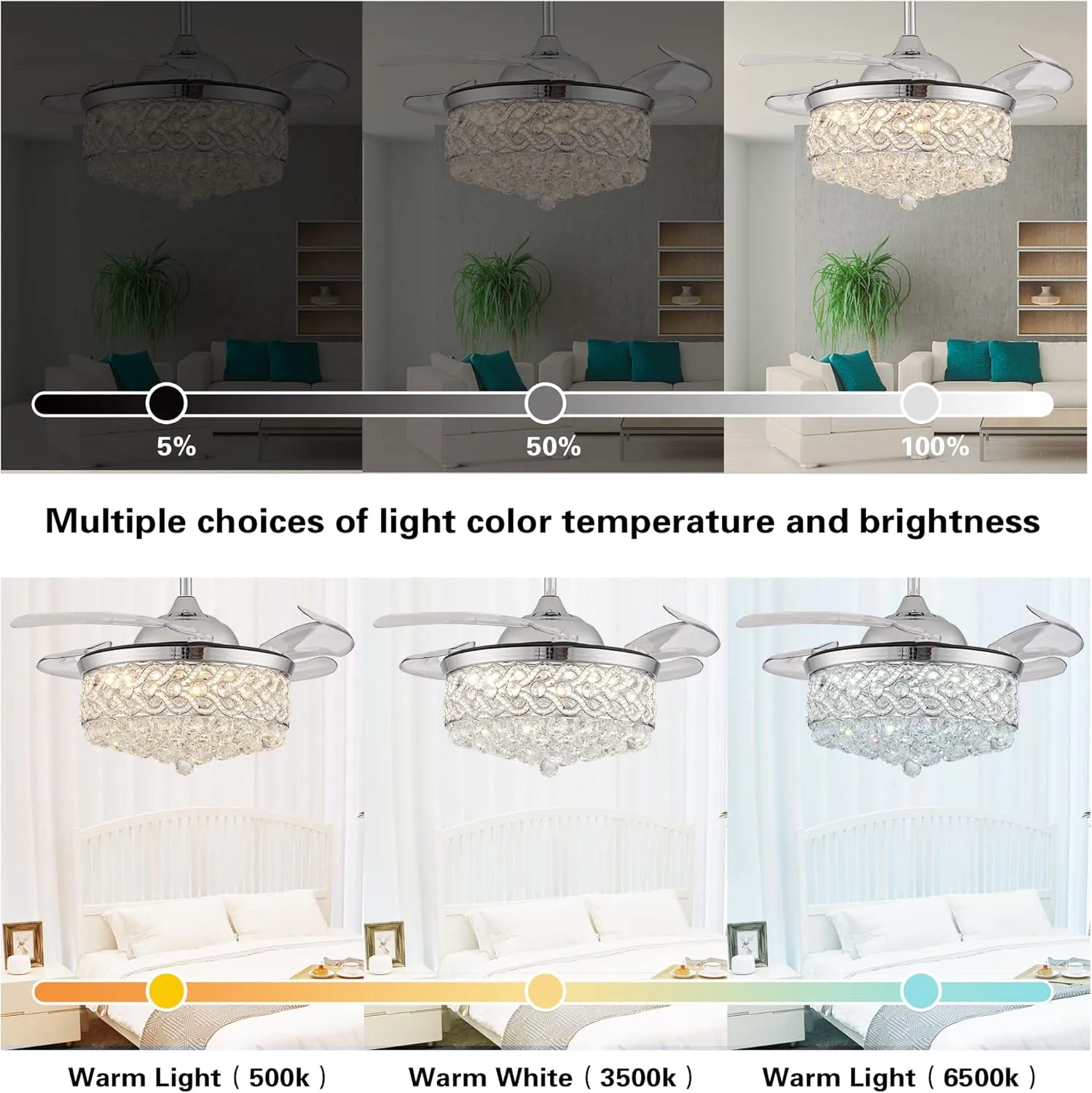 DuMaiWay 36" Dimmable Ceiling Fan Chandelier with Lights and Remote, Fandelier, Crystal Ceiling Fan Retractable Invisible Blade LED Lighting for Bedroom Living Room 6 Speed Chrome