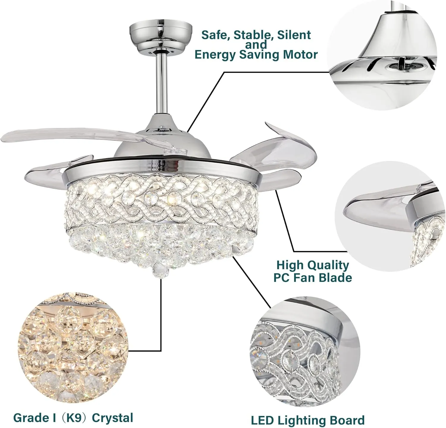 DuMaiWay 36" Dimmable Ceiling Fan Chandelier with Lights and Remote, Fandelier, Crystal Ceiling Fan Retractable Invisible Blade LED Lighting for Bedroom Living Room 6 Speed Chrome