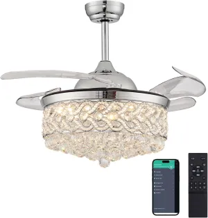 DuMaiWay 36" Dimmable Ceiling Fan Chandelier with Lights and Remote, Fandelier, Crystal Ceiling Fan Retractable Invisible Blade LED Lighting for Bedroom Living Room 6 Speed Chrome App-controlled remote fan for convenience
