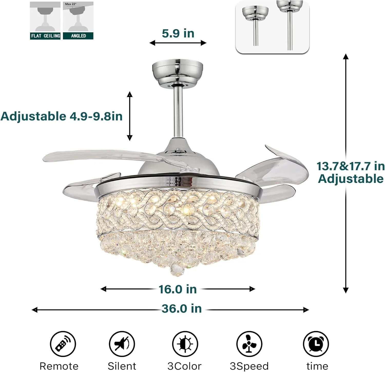 DuMaiWay 36" Dimmable Ceiling Fan Chandelier with Lights and Remote, Fandelier, Crystal Ceiling Fan Retractable Invisible Blade LED Lighting for Bedroom Living Room 6 Speed Chrome