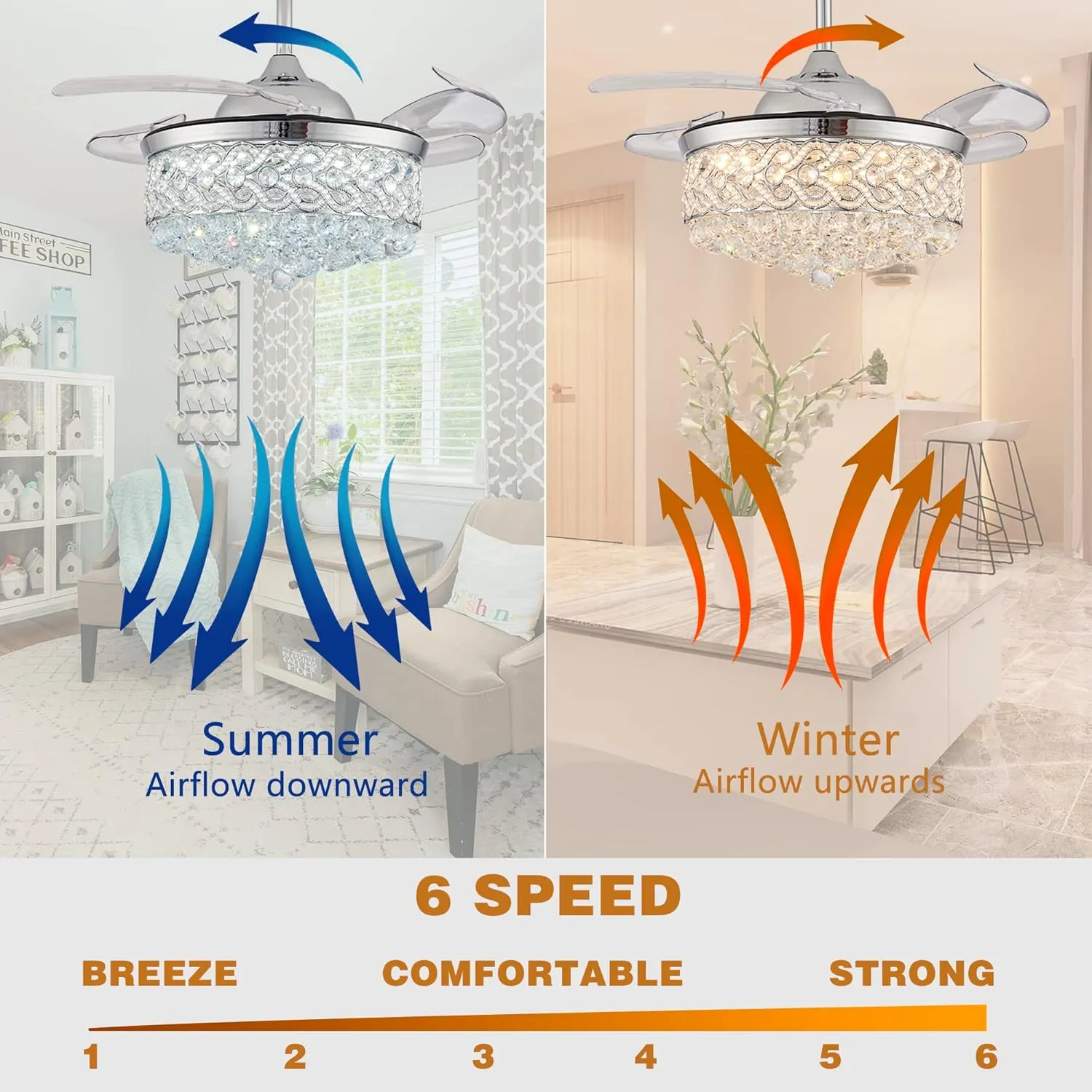 DuMaiWay 36" Dimmable Ceiling Fan Chandelier with Lights and Remote, Fandelier, Crystal Ceiling Fan Retractable Invisible Blade LED Lighting for Bedroom Living Room 6 Speed Chrome