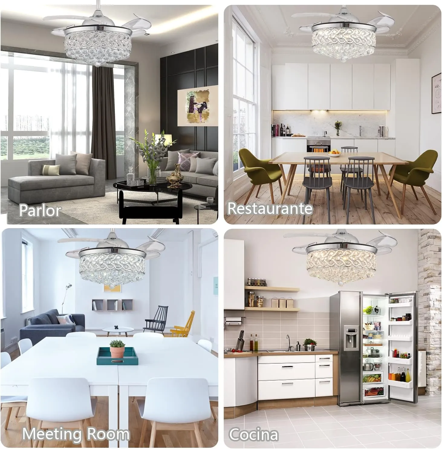 DuMaiWay 36" Dimmable Ceiling Fan Chandelier with Lights and Remote, Fandelier, Crystal Ceiling Fan Retractable Invisible Blade LED Lighting for Bedroom Living Room 6 Speed Chrome
