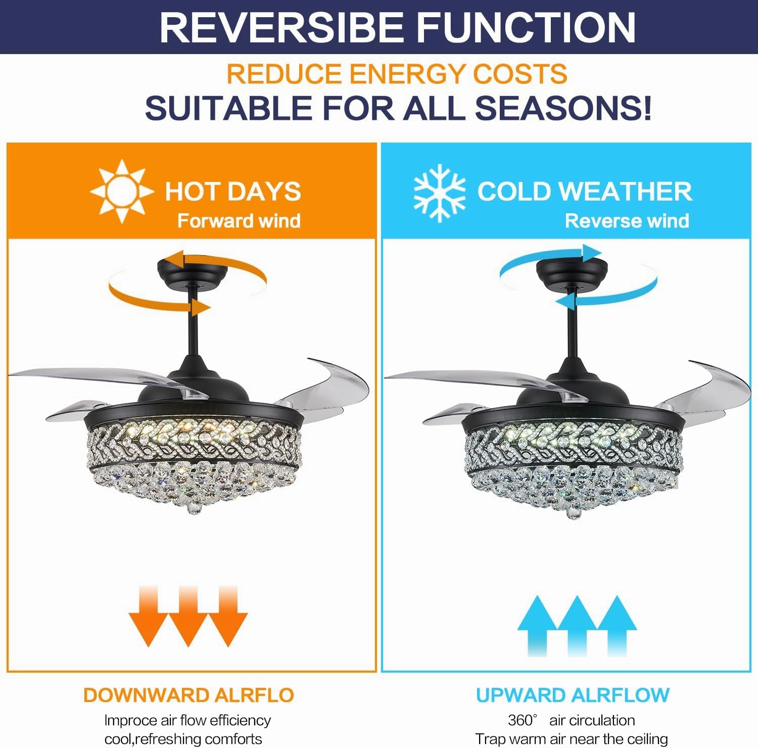 DuMaiWay 52" Dimmable Chandelier Ceiling Fan, Modern Crystal Retractable Invisible Blade Ceiling Fan with Remote Control for Bedroom Dining Room Living Room 6 Speed Change Black