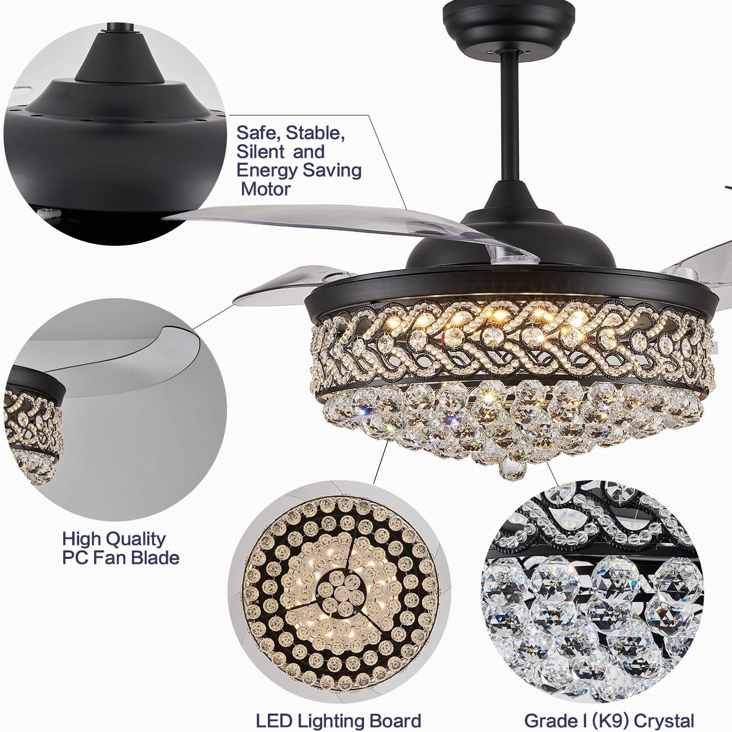 DuMaiWay 52" Dimmable Chandelier Ceiling Fan, Modern Crystal Retractable Invisible Blade Ceiling Fan with Remote Control for Bedroom Dining Room Living Room 6 Speed Change Black
