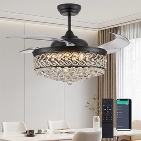 DuMaiWay 52" Dimmable Chandelier Ceiling Fan, Modern Crystal Retractable Invisible Blade Ceiling Fan with Remote Control for Bedroom Dining Room Living Room 6 Speed Change Black App-controlled remote fan for convenience