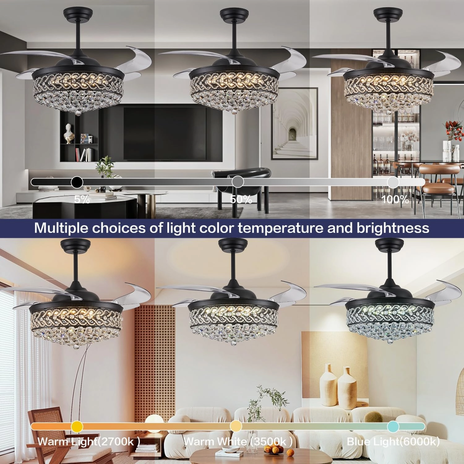 DuMaiWay 52" Dimmable Chandelier Ceiling Fan, Modern Crystal Retractable Invisible Blade Ceiling Fan with Remote Control for Bedroom Dining Room Living Room 6 Speed Change Black