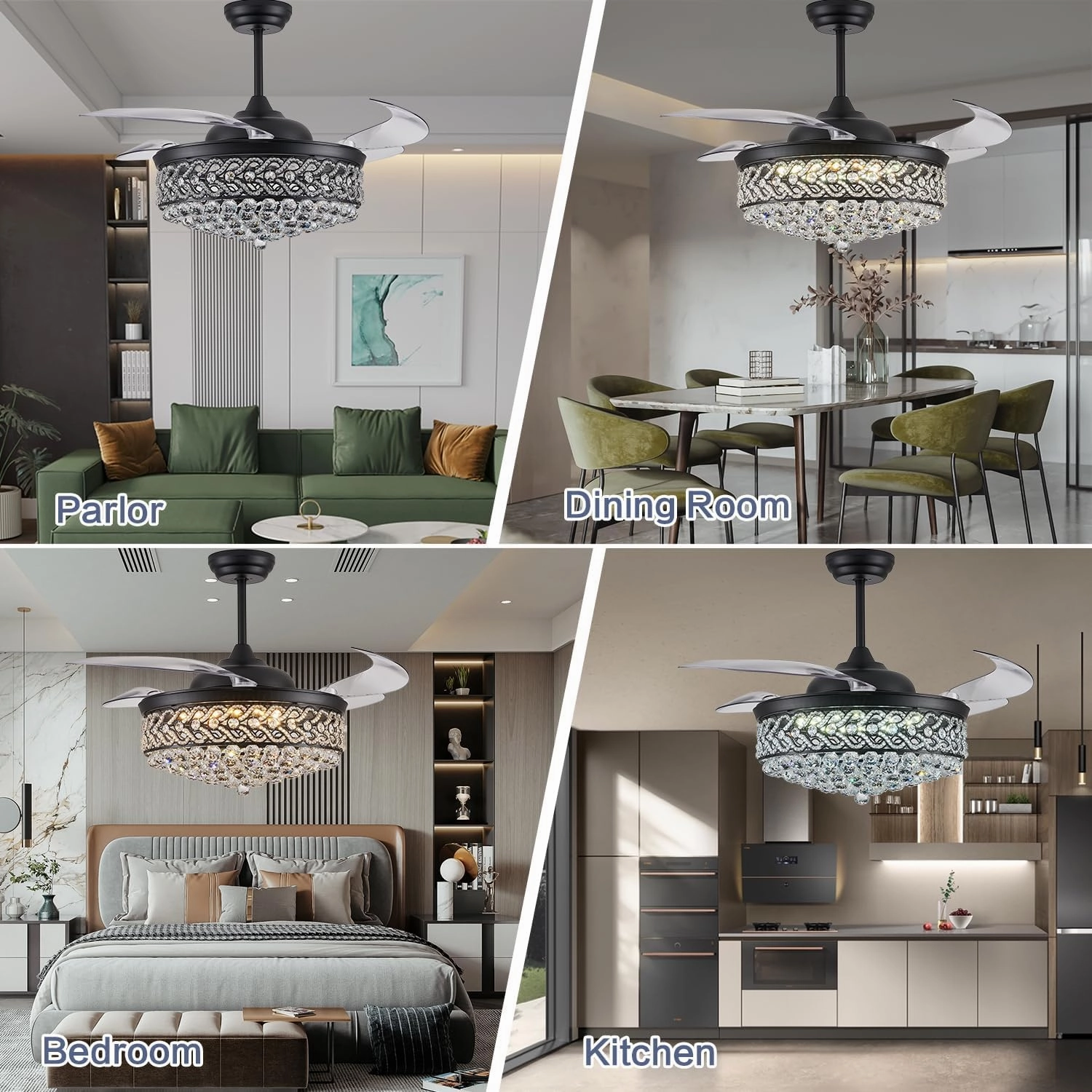 DuMaiWay 52" Dimmable Chandelier Ceiling Fan, Modern Crystal Retractable Invisible Blade Ceiling Fan with Remote Control for Bedroom Dining Room Living Room 6 Speed Change Black