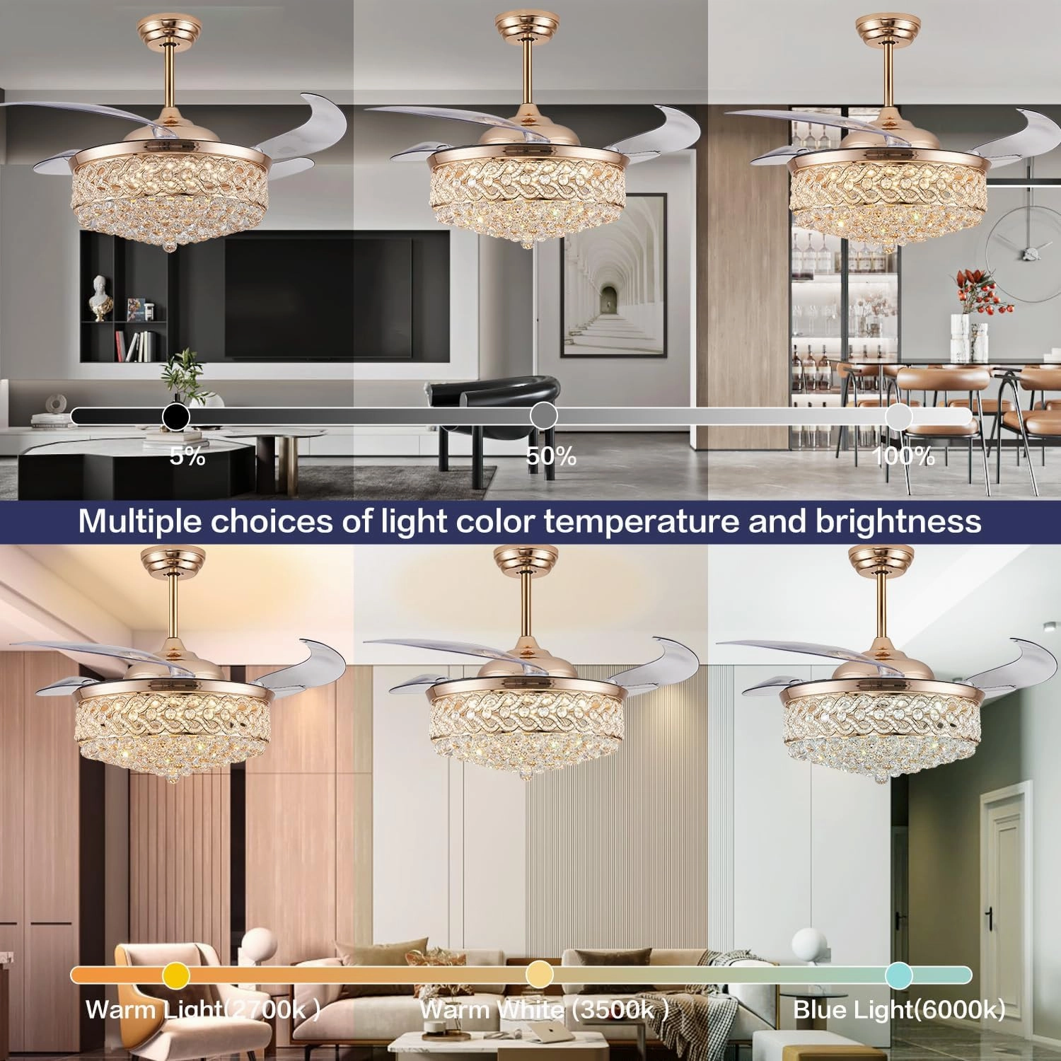 DuMaiWay 52" Dimmable Chandelier Ceiling Fan with Light, Modern Crystal Retractable Ceiling fan with Remote and APP Control for Bedroom Dining Room Living Room 6 Speed Gold