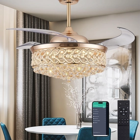 DuMaiWay 52" Dimmable Chandelier Ceiling Fan with Light, Modern Crystal Retractable Ceiling fan with Remote and APP Control for Bedroom Dining Room Living Room 6 Speed Gold App-controlled remote fan for convenience