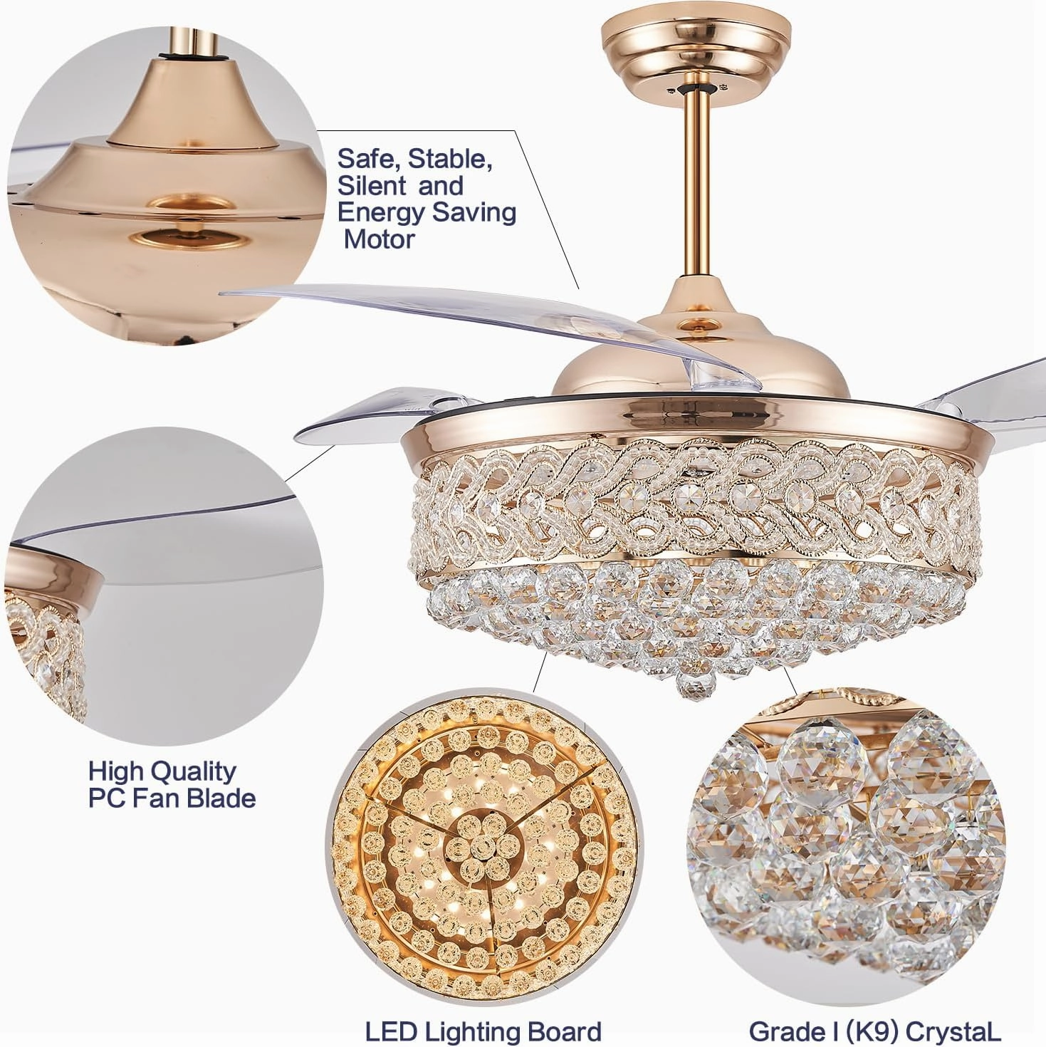 DuMaiWay 52" Dimmable Chandelier Ceiling Fan with Light, Modern Crystal Retractable Ceiling fan with Remote and APP Control for Bedroom Dining Room Living Room 6 Speed Gold