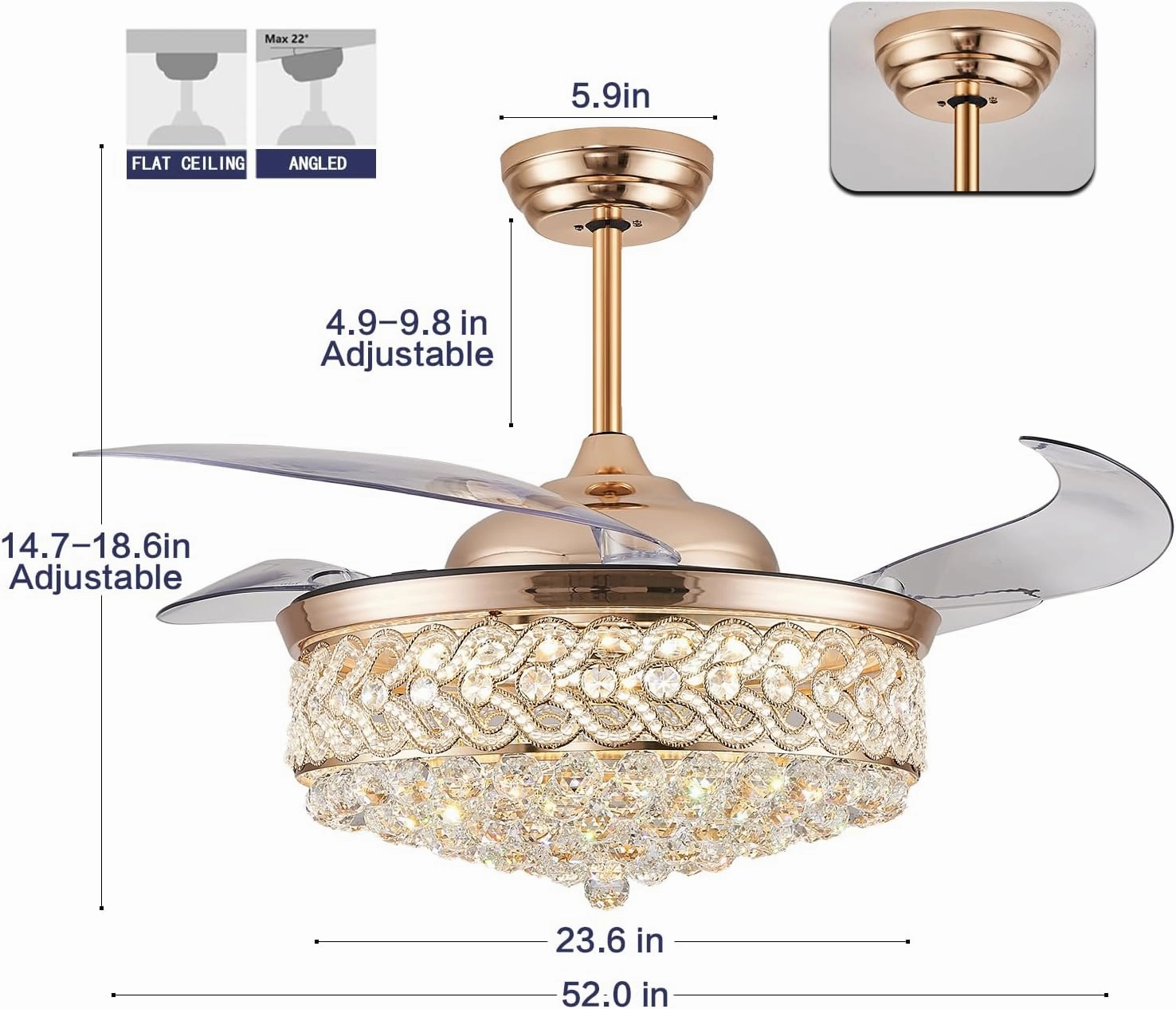 DuMaiWay 52" Dimmable Chandelier Ceiling Fan with Light, Modern Crystal Retractable Ceiling fan with Remote and APP Control for Bedroom Dining Room Living Room 6 Speed Gold