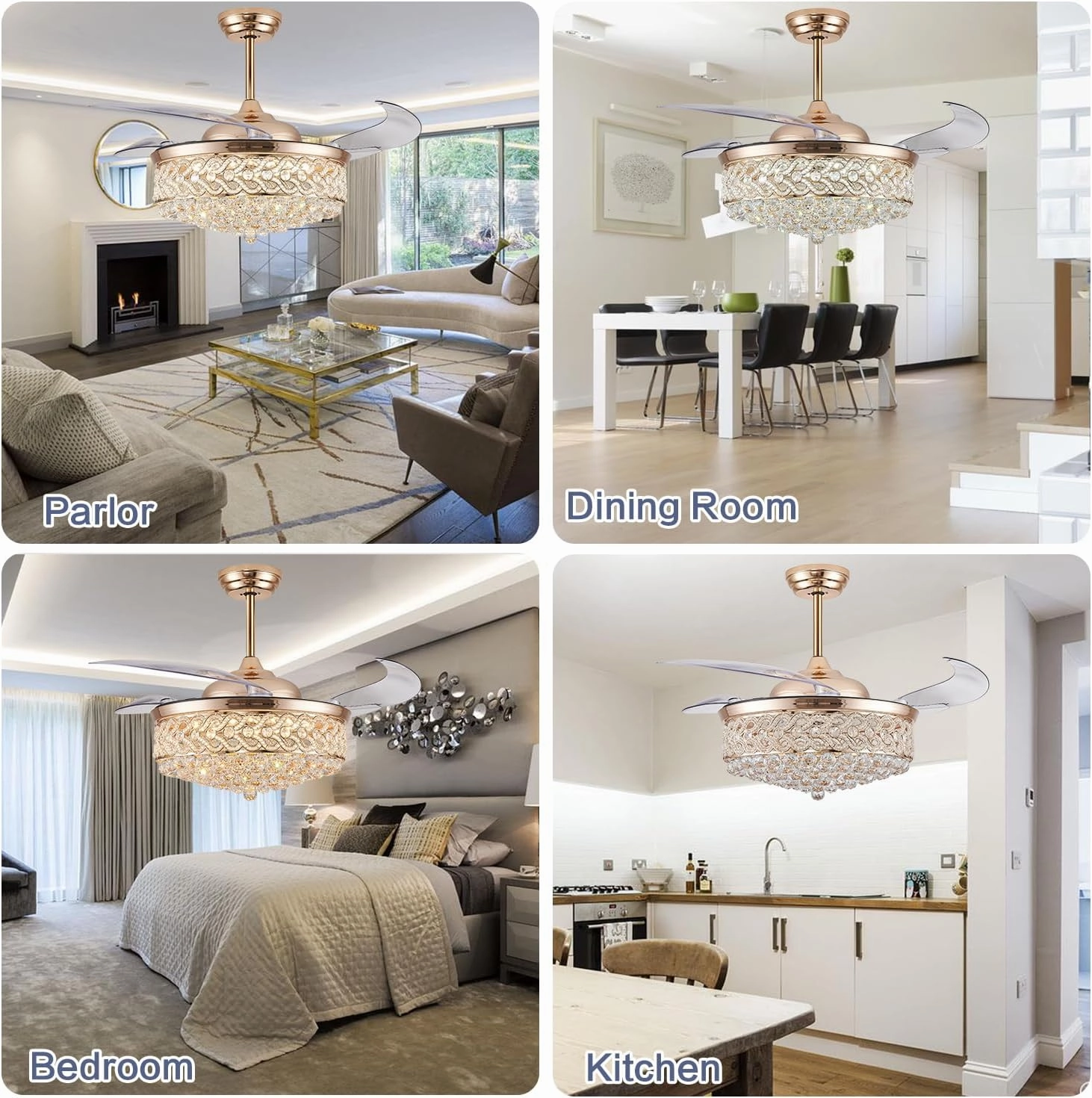DuMaiWay 52" Dimmable Chandelier Ceiling Fan with Light, Modern Crystal Retractable Ceiling fan with Remote and APP Control for Bedroom Dining Room Living Room 6 Speed Gold