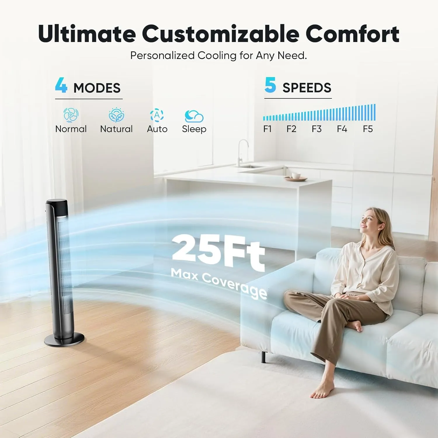 DUMOS Tower Fan for Bedroom, Standing Floor Fans with Remote Control, 28dB Quiet, 4 Modes, 5 Speeds, 12H Timer, 60Oscillation, Powerful 25Ft Far, Bladeless for Home, Office, Living Room, 36 Black