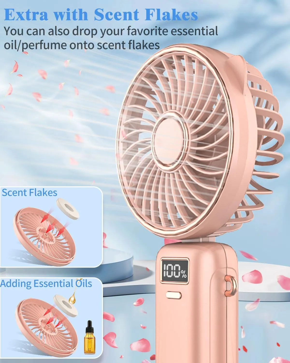 DUOLZ Handheld Fan,Portabe Battery Powered Fans with LED,Small Personal USB Folding Skincare Little Wireless Cooling Powerful Quiet Hand Fan,Mini Handheld Makeup Lash Fans for Women Girls Men Pink