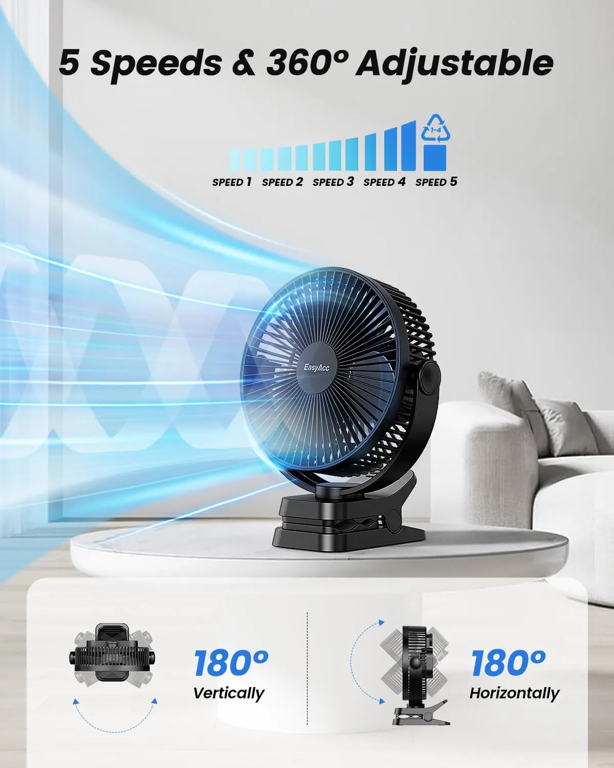 EasyAcc 10000mAh Portable Clip on Fan - 8 inch 37H Working Time Quiet Battery Rechargeable Desk Fan, Strong Airflow, Digital Display, 5 Speeds, Sturdy Clamp Fan for Golf Cart Office Bed Travel Camping