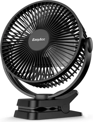 EasyAcc 10000mAh Portable Clip on Fan - 8 inch 37H Working Time Quiet Battery Rechargeable Desk Fan, Strong Airflow, Digital Display, 5 Speeds, Sturdy Clamp Fan for Golf Cart Office Bed Travel Camping Desktop fan with humidification feature