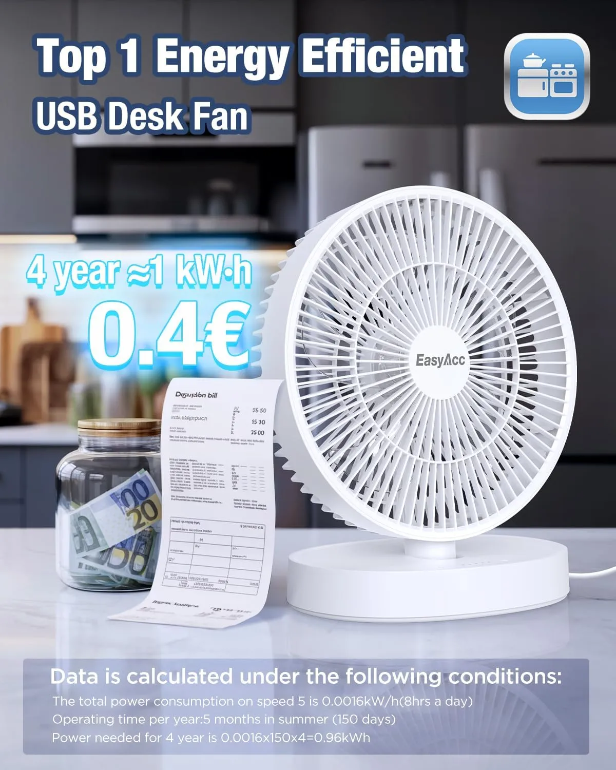 EasyAcc 11 Inch Large Desk Fan, USB Fan Air Circulator Fan Ultra Quiet 24 dB, IP67 waterproof, 5 Speeds, Timer, Energy Saving Table Fan, Adjustable Angle for Home, Office, BedroomUSB - Powered