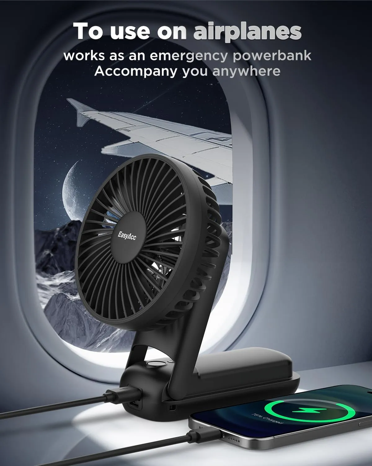 EasyAcc 3 IN 1 Hand Fan,Portable Fan for Travel,10000mAh Battery Handhedl Fan [Ultra Quiet Powerful]-5 Speeds/Backup Power/SOS Light/Digital Display/Lanyard- for Travel/Cruise/Summer/Concerts Black