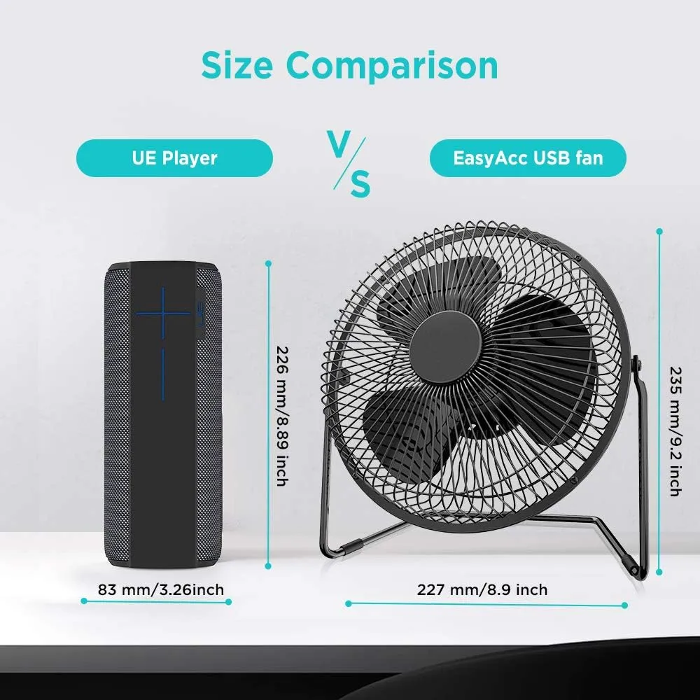 EasyAcc 9 Inch USB Desk Fan Ultra-quiet USB Powered 360 Rotation Desktop Fan with Metal Frame, Portable Personal Cooling Fan with 2 Speed for Home Office (USB POWERED ONLY)