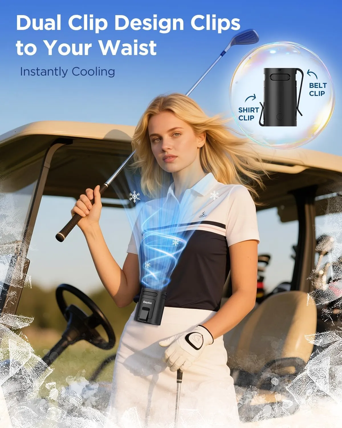 EasyAcc Clip On Fan Rechargeable, 4-Speed 13000RPM Strong Airflow Portable Waist Fan, Hands-Free Shirt Belt Wearable Portable Neck Fan for Camping, Worksites, Outdoor, Farm